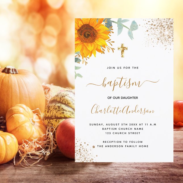 Invitación Baptismo eucalipto verde cruz de oro girasol (Subido por el creador)