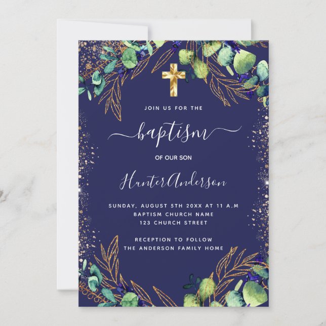 Invitación Baptismo eucalipto verde marina azul (Anverso)