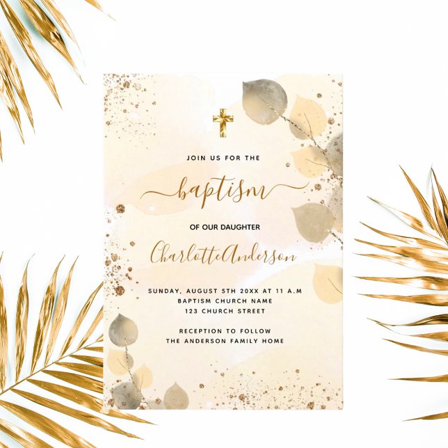 Invitación Baptismo eucalipto verde purpurina cruz dorada (Subido por el creador)