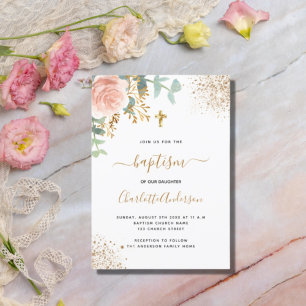 Invitación Baptismo eucalipto verde rosa oro floral