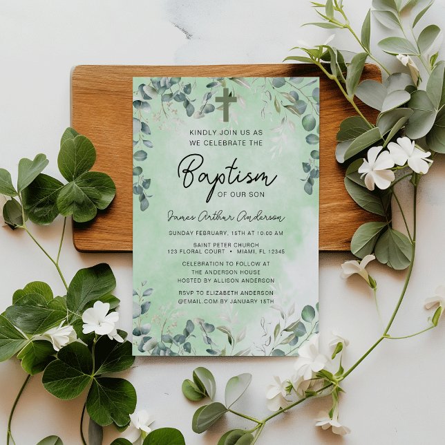 Invitación Baptismo Eucalyptus Agua Verde (Elegant Botanical Baptism Eucalyptus Watercolor Christening Greenery Invitation)