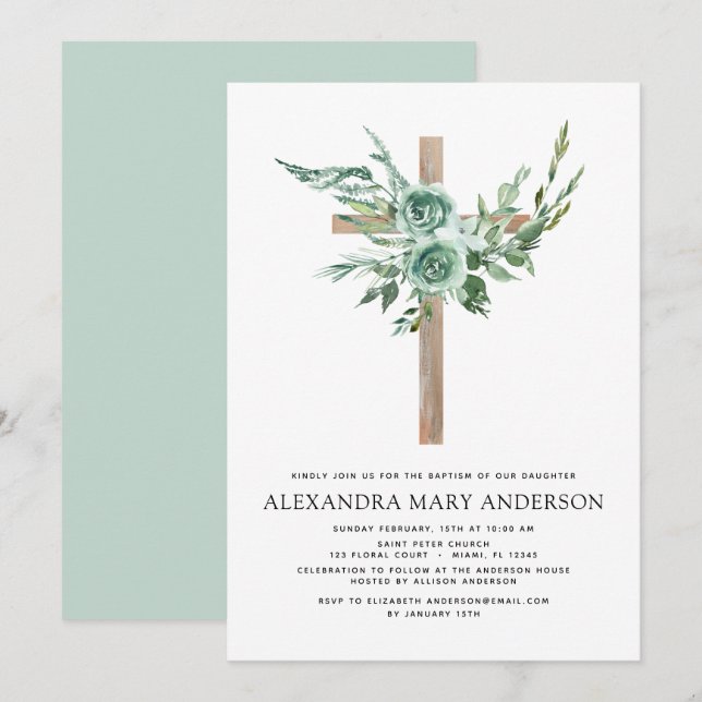 Invitación Baptismo Eucalyptus Floral Greeneración (Anverso / Reverso)