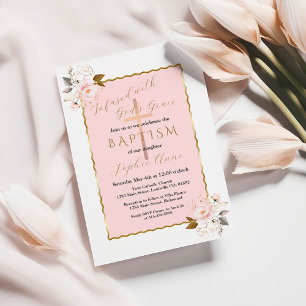 Invitación Baptismo femenino con flores de oro rosadas únicas