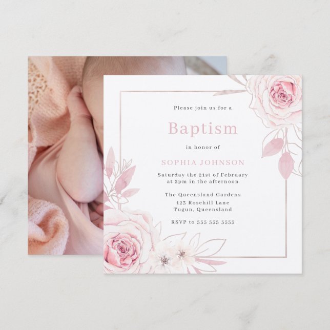 Invitación Baptismo femenino con flores rosadas de Rubor V2 (Anverso / Reverso)