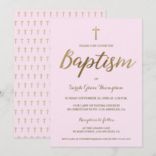 Invitación Baptismo femenino de la cruz de oro rosa Rubor