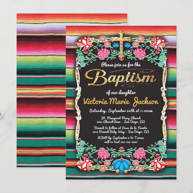 Invitación Baptismo Fiesta Fiesta  Cruz de oro Purpurina (Anverso / Reverso)