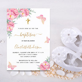 Invitación Baptismo flor rosa rubor mariposa chica