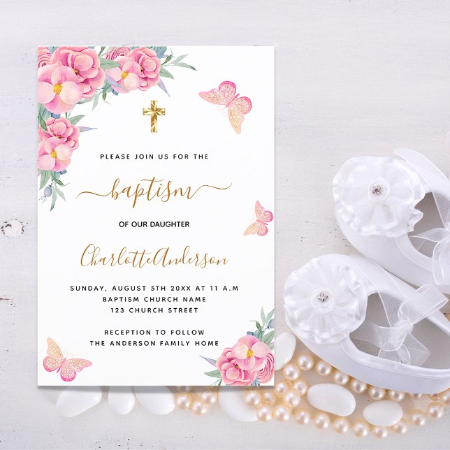 Invitación Baptismo flor rosa rubor mariposa chica lujo (Subido por el creador)