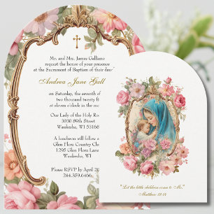 Invitación Baptismo Flora Rosa Madre María Jesús Oro