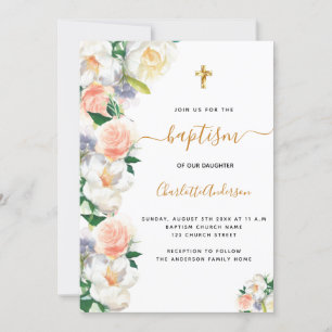 Invitación Baptismo floraciones de color agua rosa blanco ele