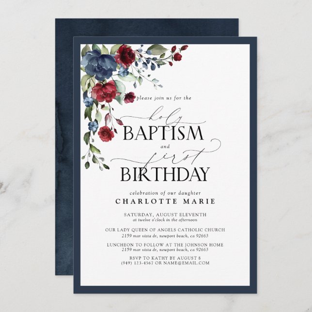 Invitación Baptismo floral azul borgoñoso de la Marina Primer (Anverso / Reverso)