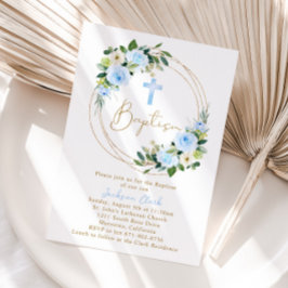 Invitación Baptismo floral azul cristiano marco dorado