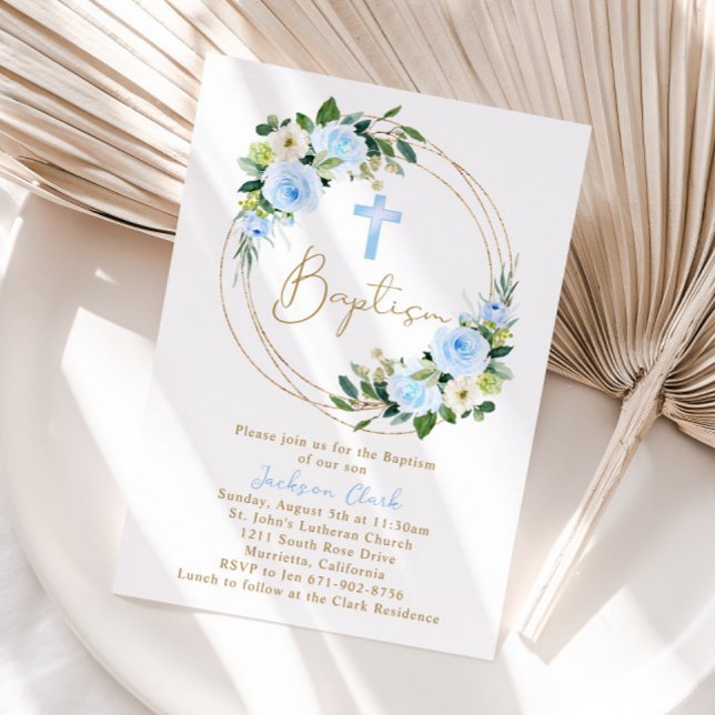 Invitación Baptismo floral azul cristiano marco dorado (Subido por el creador)