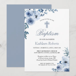 Invitación Baptismo floral azul turbio cristiano bautizado