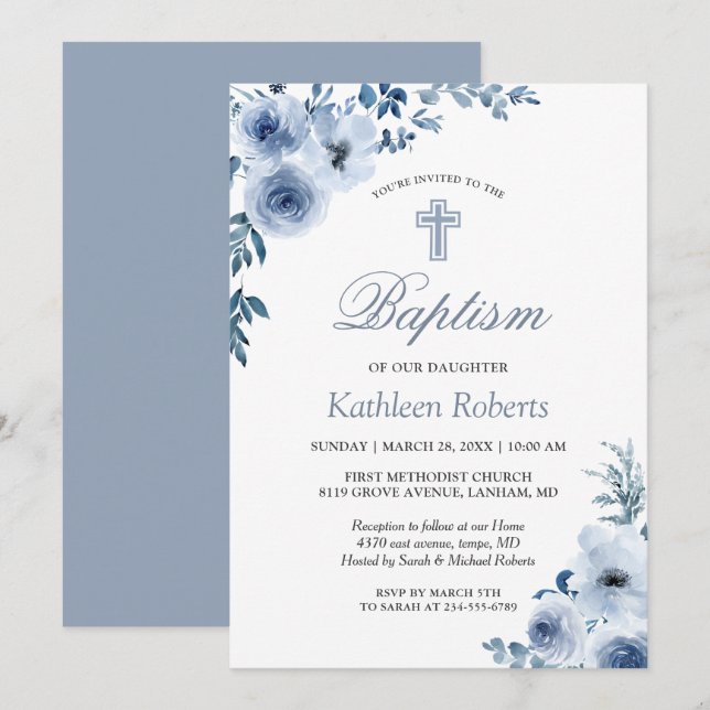 Invitación Baptismo floral azul turbio cristiano bautizado (Anverso / Reverso)