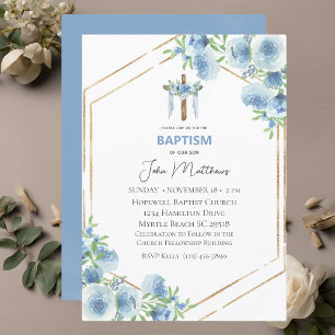 Invitación Baptismo Floral Azul Vestidos Cruzados Niños