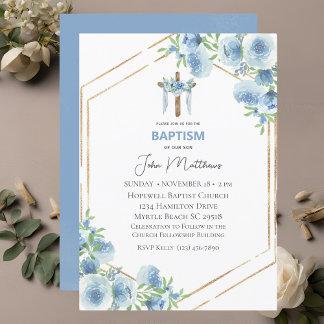 Invitación Baptismo Floral Azul Vestidos Cruzados Niños
