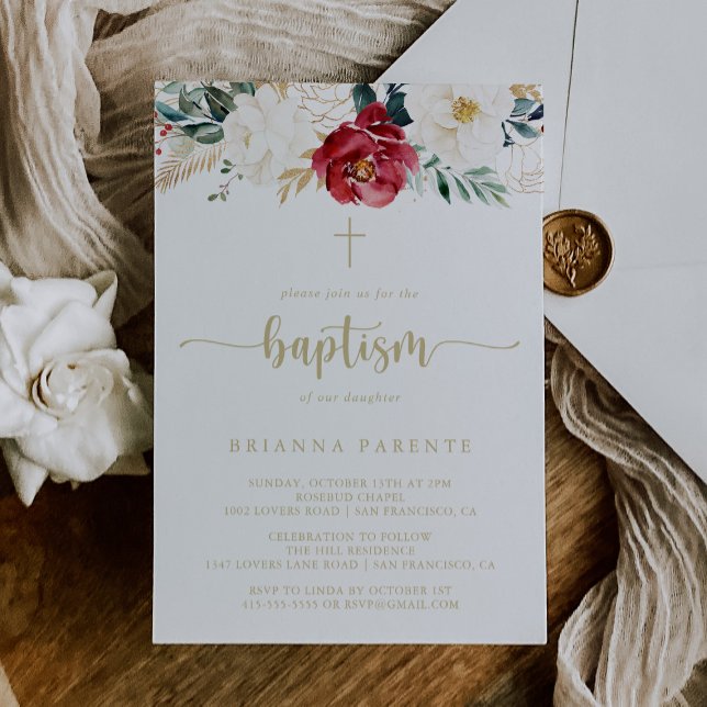 Invitación Baptismo floral blanco de oro clásico (Subido por el creador)