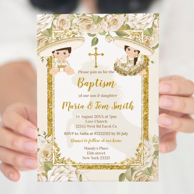 Invitación Baptismo floral blanco Fiesta Twin Boy y Chica (Subido por el creador)