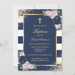 Invitación Baptismo floral Blue Pink and Gold Cross Elegante