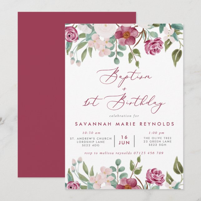 Invitación Baptismo floral Borgoña y Rosa y primer cumpleaños (Anverso / Reverso)