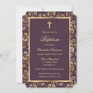 Invitación Baptismo floral con guión cruzado de oro y berenje