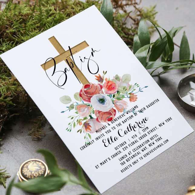 Invitación Baptismo floral de acuarela de escritura (Subido por el creador)