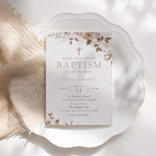 Invitación Baptismo floral de Boho Brown