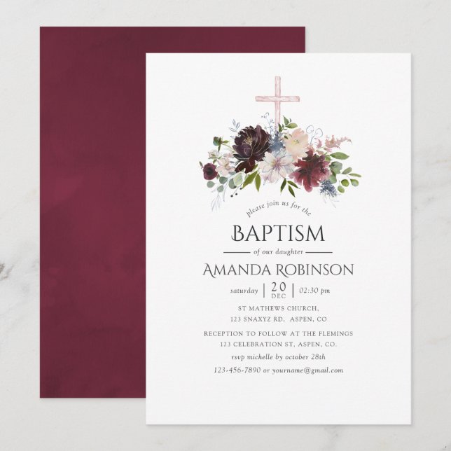 Invitación Baptismo floral de Borgoña y Rubor o cristianismo (Anverso / Reverso)
