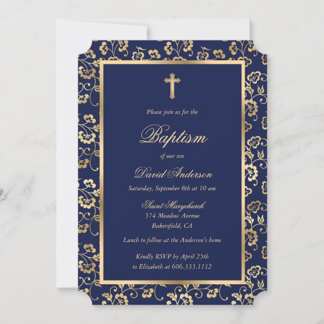 Invitación Baptismo floral de la Cruz Azul de Oro (Anverso)
