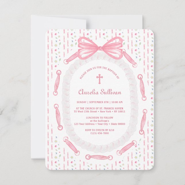 Invitación Baptismo floral de marco de cinta rosada (Anverso)