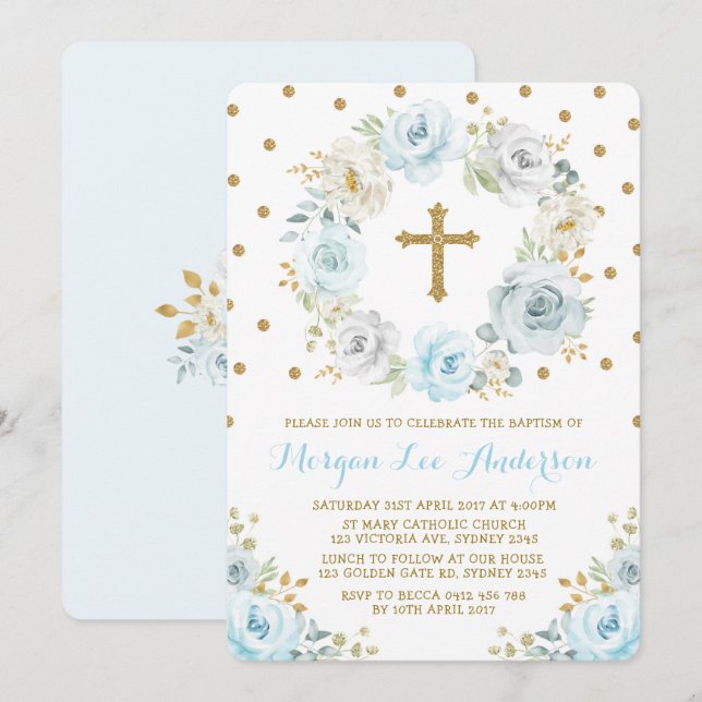 Invitación Baptismo floral de oro azul y turbio cristiano (Anverso / Reverso)