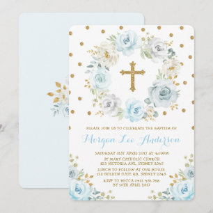Invitación Baptismo floral de oro azul y turbio cristiano