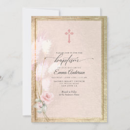 Invitación BAPTISMO floral de pampas de oro rosa