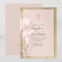 Invitación BAPTISMO floral de pampas de oro rosa