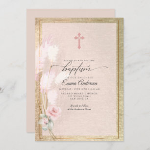Invitación BAPTISMO floral de pampas de oro rosa