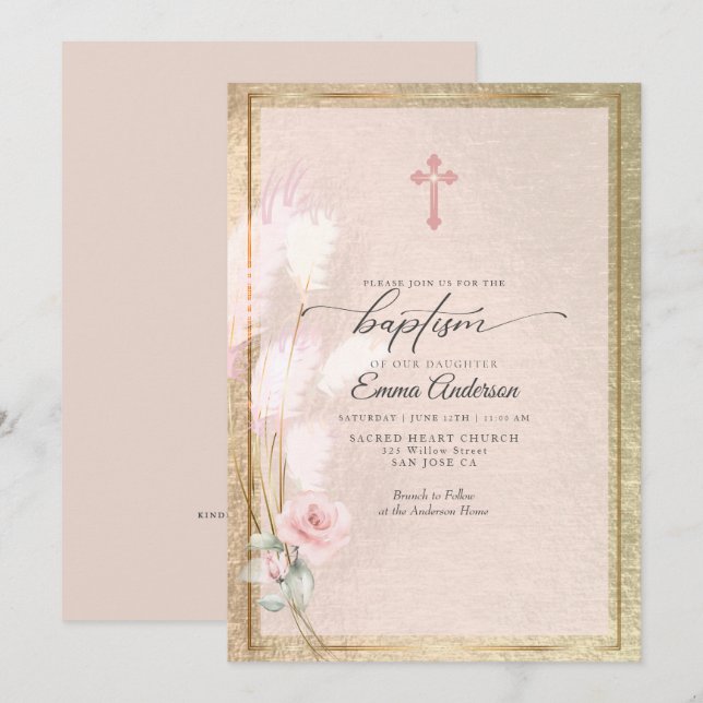 Invitación BAPTISMO floral de pampas de oro rosa (Anverso / Reverso)