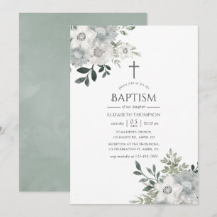 Invitación Baptismo floral de salvia de color de agua
