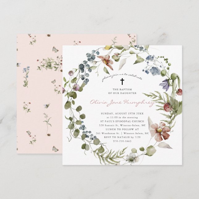 Invitación Baptismo floral de verano de primavera de flores s (Anverso / Reverso)