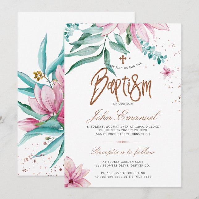 Invitación Baptismo floral elegante de acuarela cruzada (Anverso / Reverso)