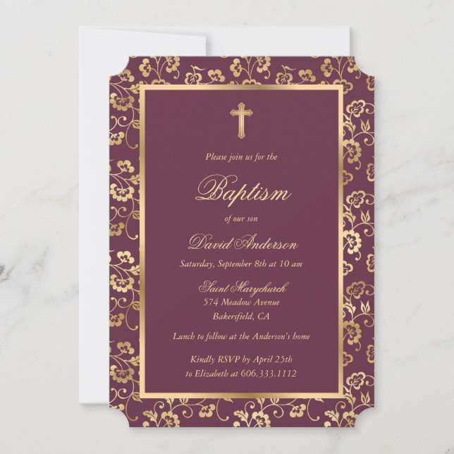 Invitación Baptismo floral elegante de oro morado (Anverso)
