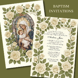 Invitación Baptismo Floral Jesús Bendita Madre Rosas