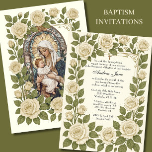 Invitación Baptismo Floral Jesús Bendita Madre Rosas