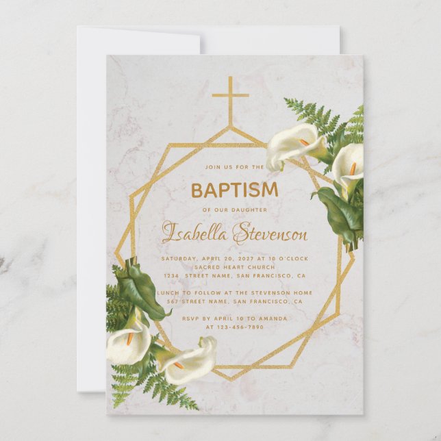 Invitación Baptismo Floral Oro Mármol Calla Lilies Geométrico (Anverso)