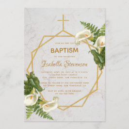 Invitación Baptismo Floral Oro Mármol Calla Lilies Geométrico