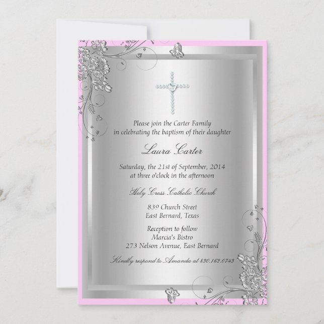 Invitación Baptismo floral plateado/Invitación a la cristiand (Anverso)