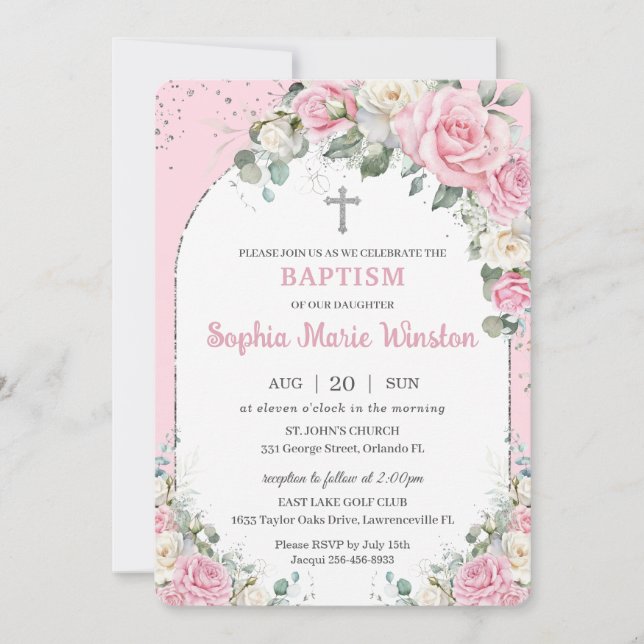 Invitación Baptismo floral plateado rosado floral floral (Anverso)