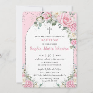 Invitación Baptismo floral plateado rosado floral floral