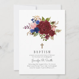 Invitación BAPTISMO floral rosa azul borgoñoso encantado
