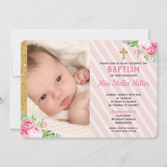 Invitación Baptismo floral rosa Christening Chica Foto (Anverso)